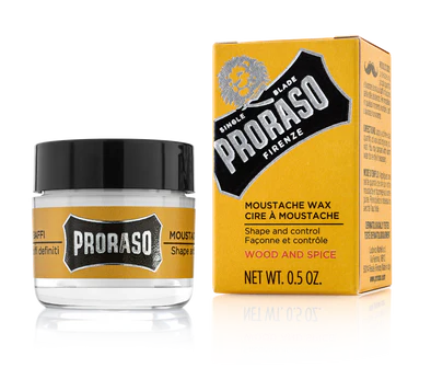 Proraso moustache wax jar and packaging on a white background