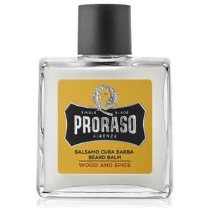 Proraso beard balm bottle with yellow label on a white background