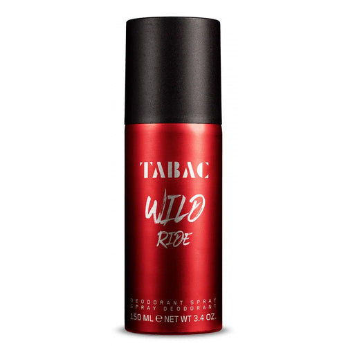 Red deodorant spray bottle with black cap labeled 'Tabac Wild Ride' 